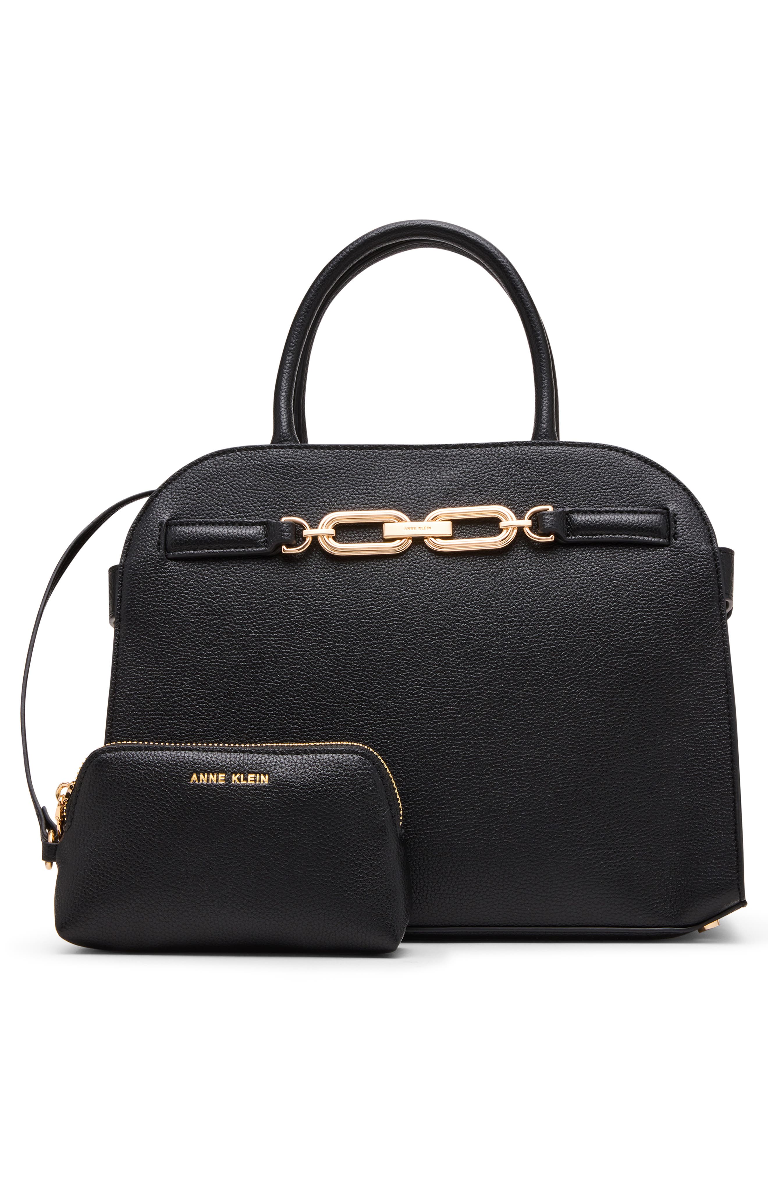 Anne Klein Medium Curved Satchel Bag, Alternate, color, Black