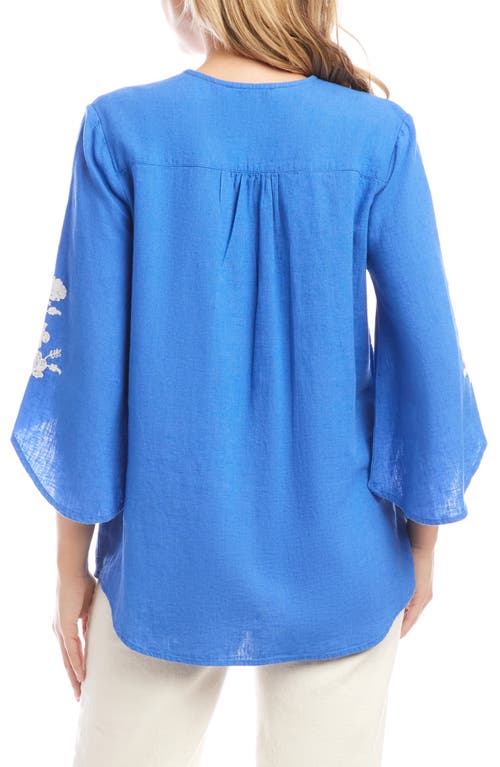 Karen Kane Floral Embroidery Detail Linen Blend Top In Blue