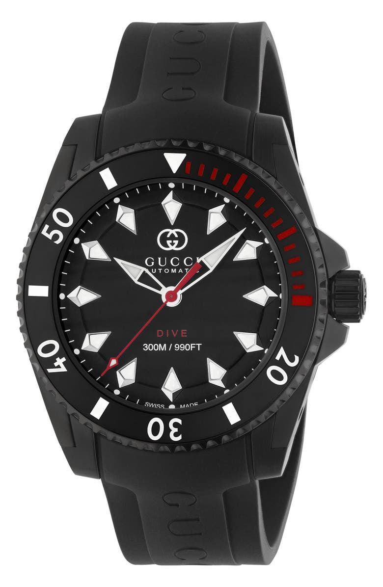 Gucci Dive Automatic Rubber Strap Watch, 40mm, Main, color, Black
