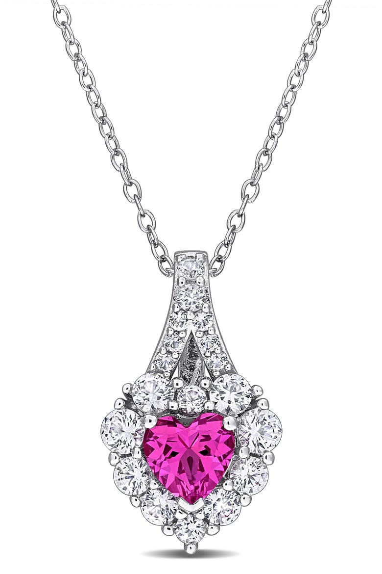 Lab Created Pink Sapphire & Lab Created White Sapphire Pendant Necklace, Main, color, PINK
