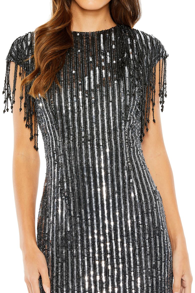 High Neck Embellished Fringe Gown, Alternate, color, Black