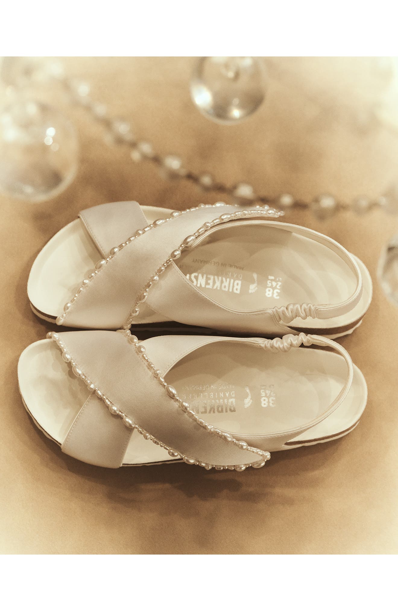 Birkenstock x Danielle Frankel x Danielle Frankel Satin & Faux Pearl Crossover Sandal, Alternate, color, White