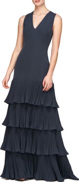 Kay Unger Angelique Pleated Tiered Sleeveless Gown