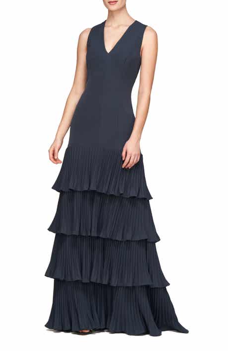 Kay Unger Angelique Pleated Tiered Sleeveless Gown