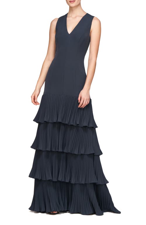 Kay Unger Angelique Pleated Tiered Sleeveless Gown In French Navy
