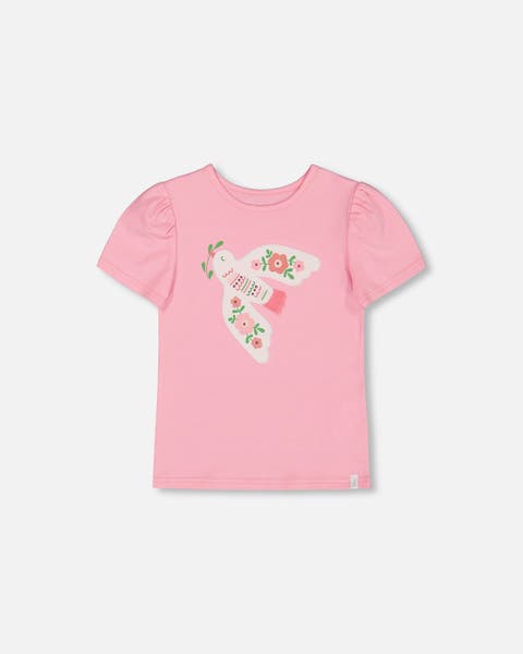 Girl's Organic Cotton Tee With Puff Sleeve Candy Pink