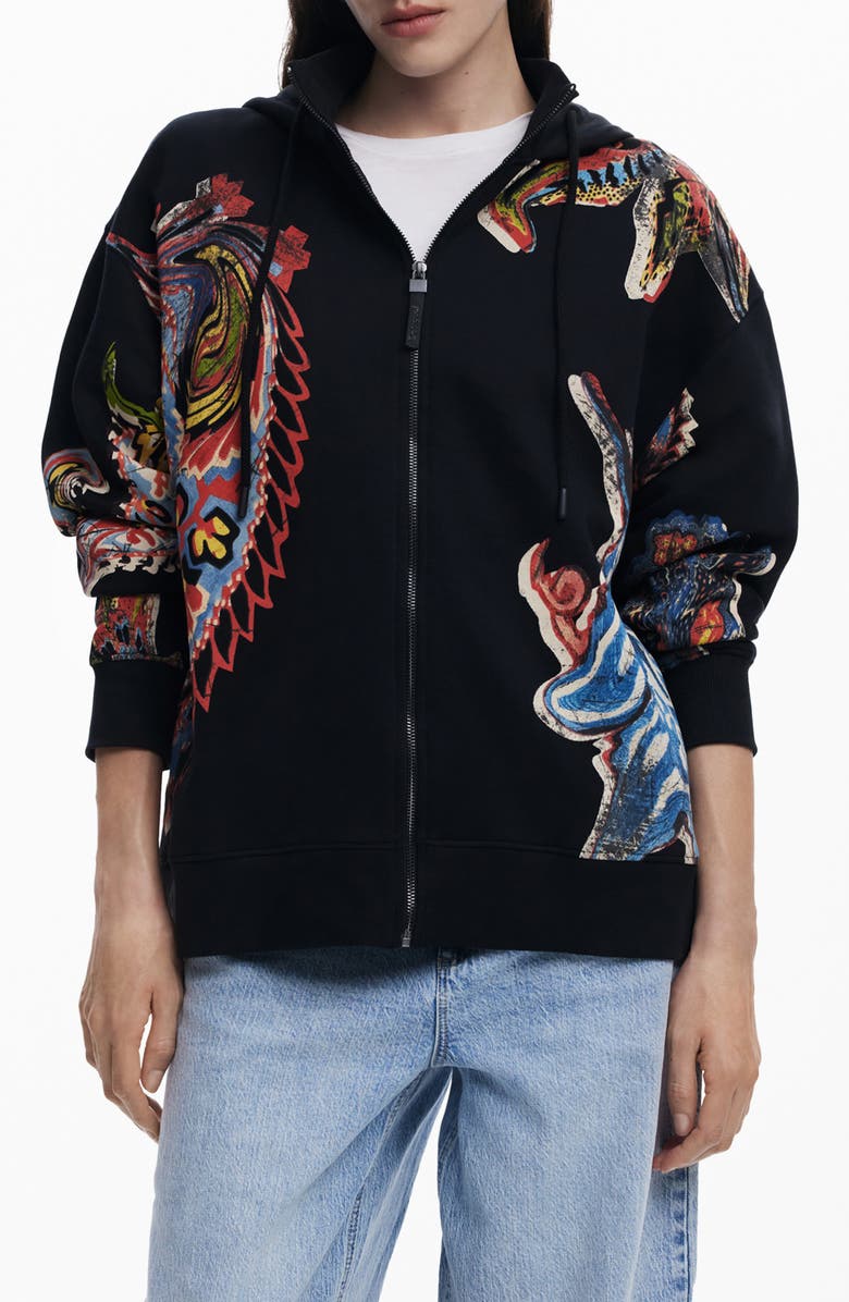 Desigual Graphic Print Cotton Hoodie, Main, color, Black