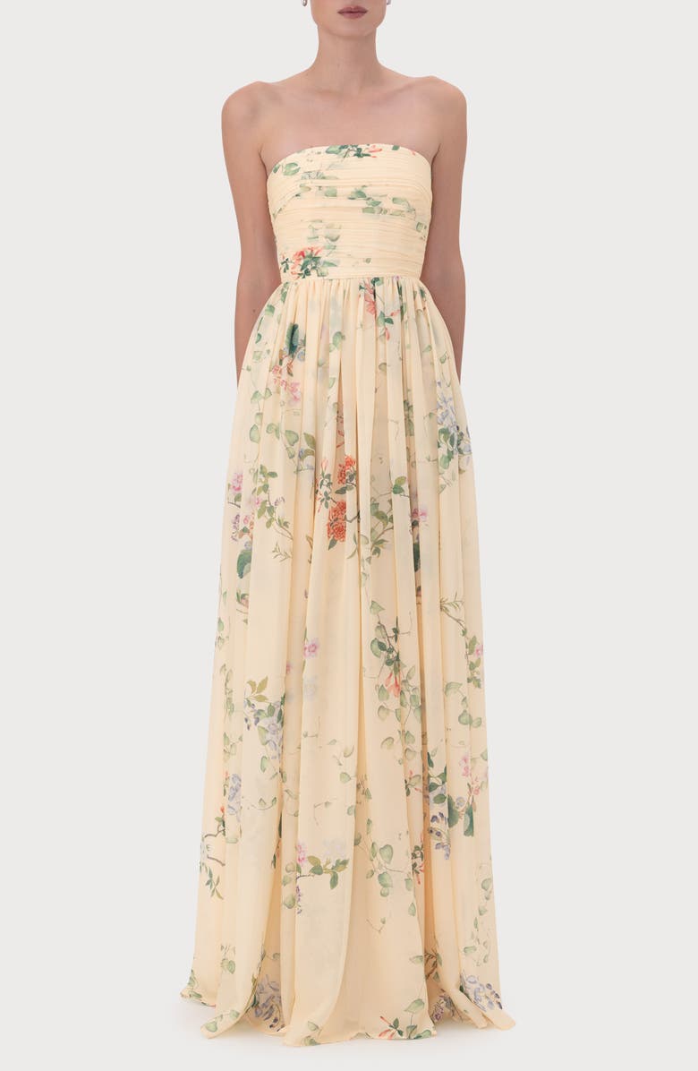 SAU LEE Camille Floral Strapless Gown, Main, color, Soft Yellow