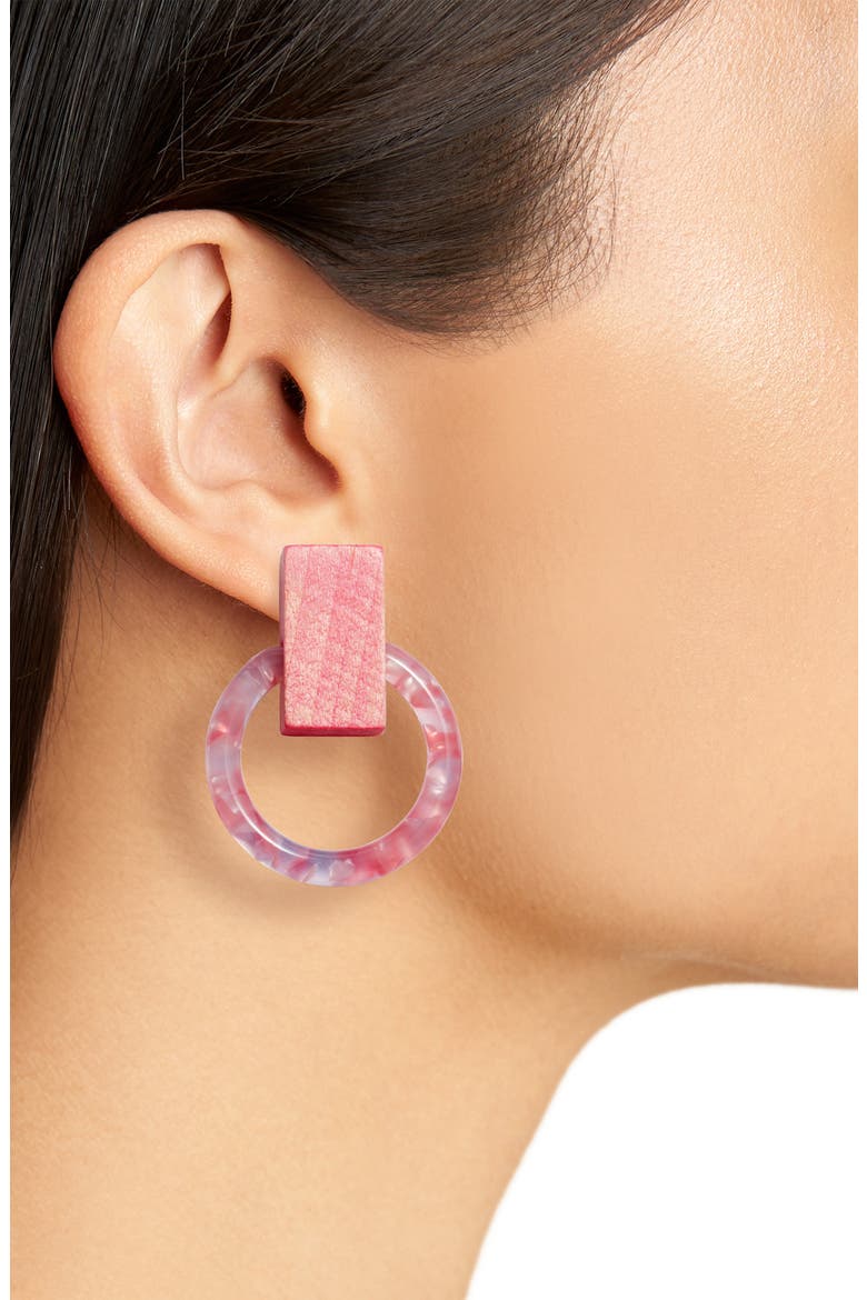 Horsebit Button Hoop Earrings, Alternate, color, PETAL PINK