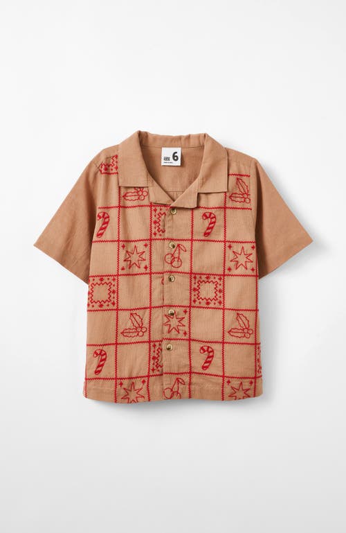 Cotton On Kids Kid's Cabana Short Sleeve Shirt In Taupy Brownsanta Embroidery