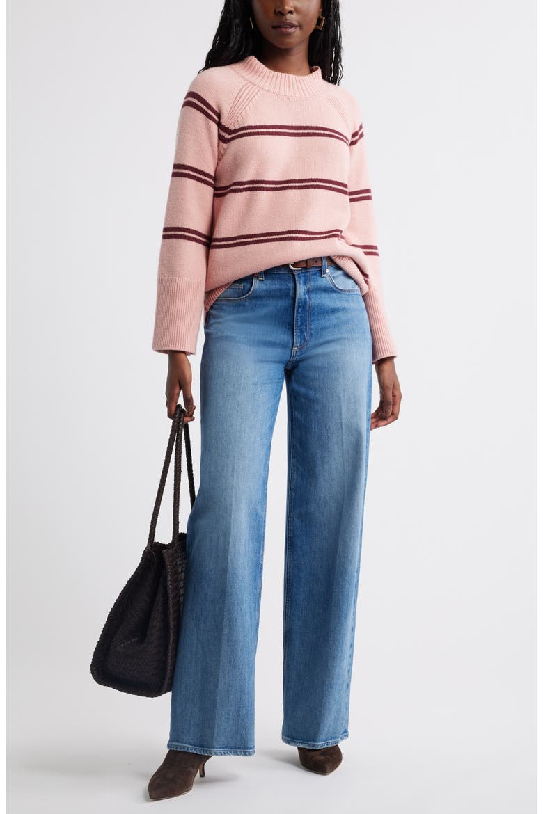 Bell Sleeve Mock Neck Merino Wool & Cotton Sweater, Alternate, color, PINK- TAN BURGUNDY DUO STRIPE
