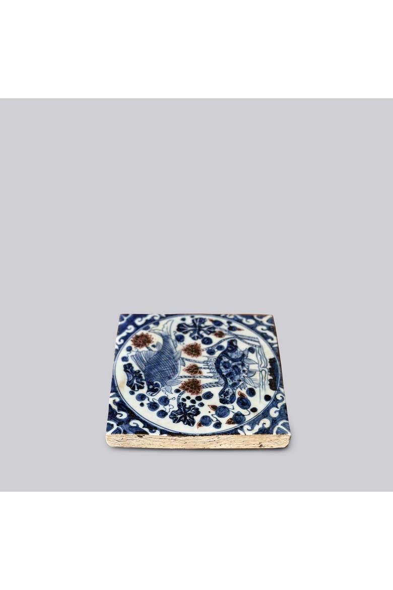 Hand Painted Porcelain Blue and Red Fish and Lotus Tile, Alternate, color, Blue and Red