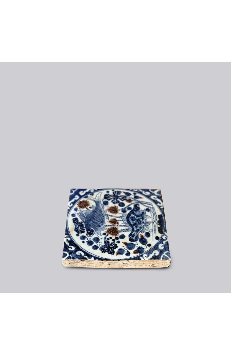 Cobalt Guild Hand Painted Porcelain Blue and Red Fish and Lotus Tile, Alternate, color, Blue And Red