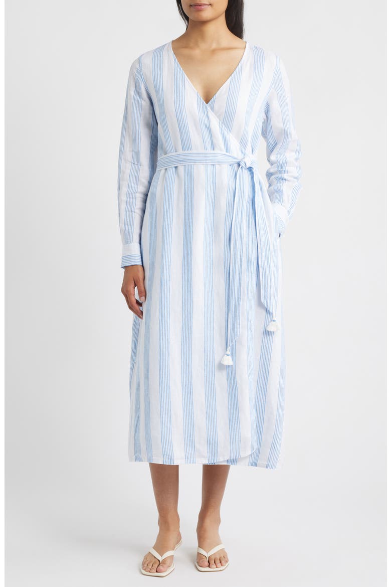 Bayside Isle Long Sleeve Linen Wrap Dress, Main, color, PALACE BLUE