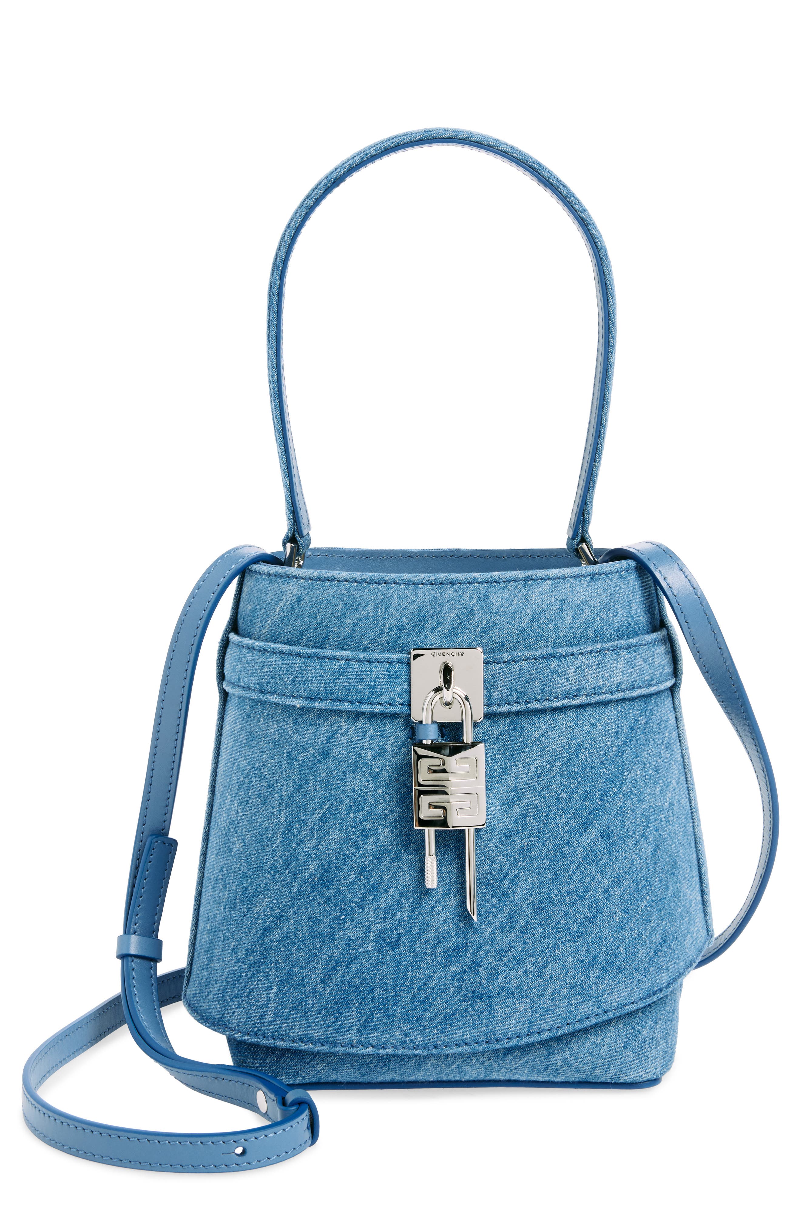 Shark Lock Denim Bucket Bag, Main, color, MEDIUM BLUE