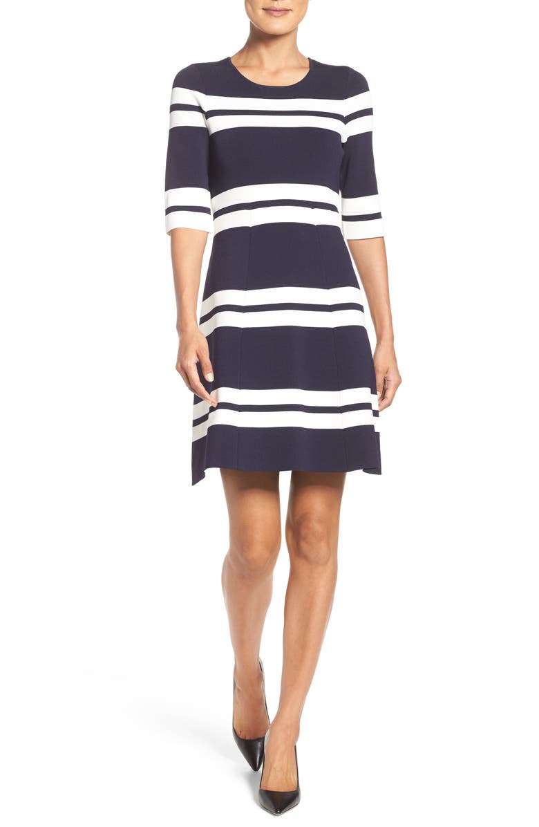 Eliza J Stripe Stretch Knit Fit & Flare Dress, Alternate, color,