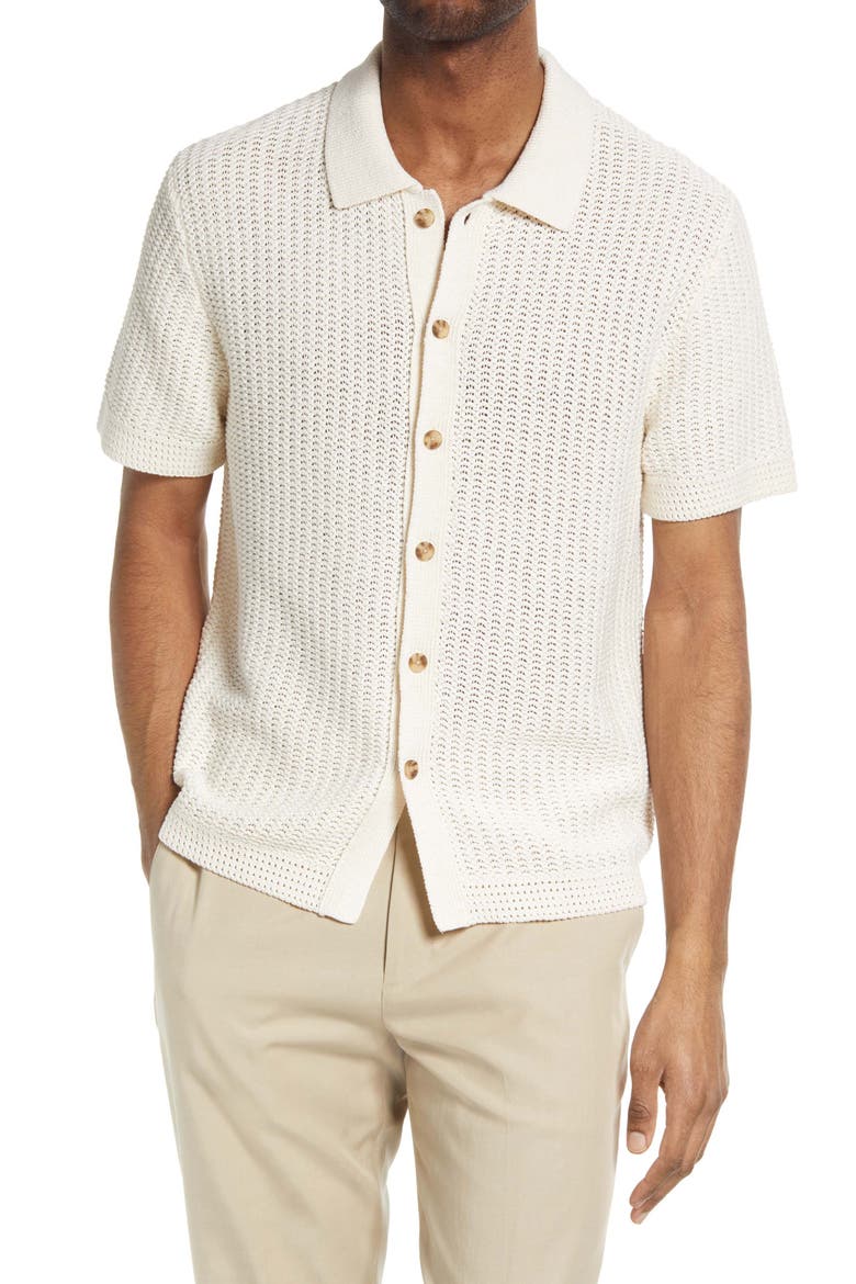 Crochet Cotton Short Sleeve Button-Up Shirt, Main, color, BONE