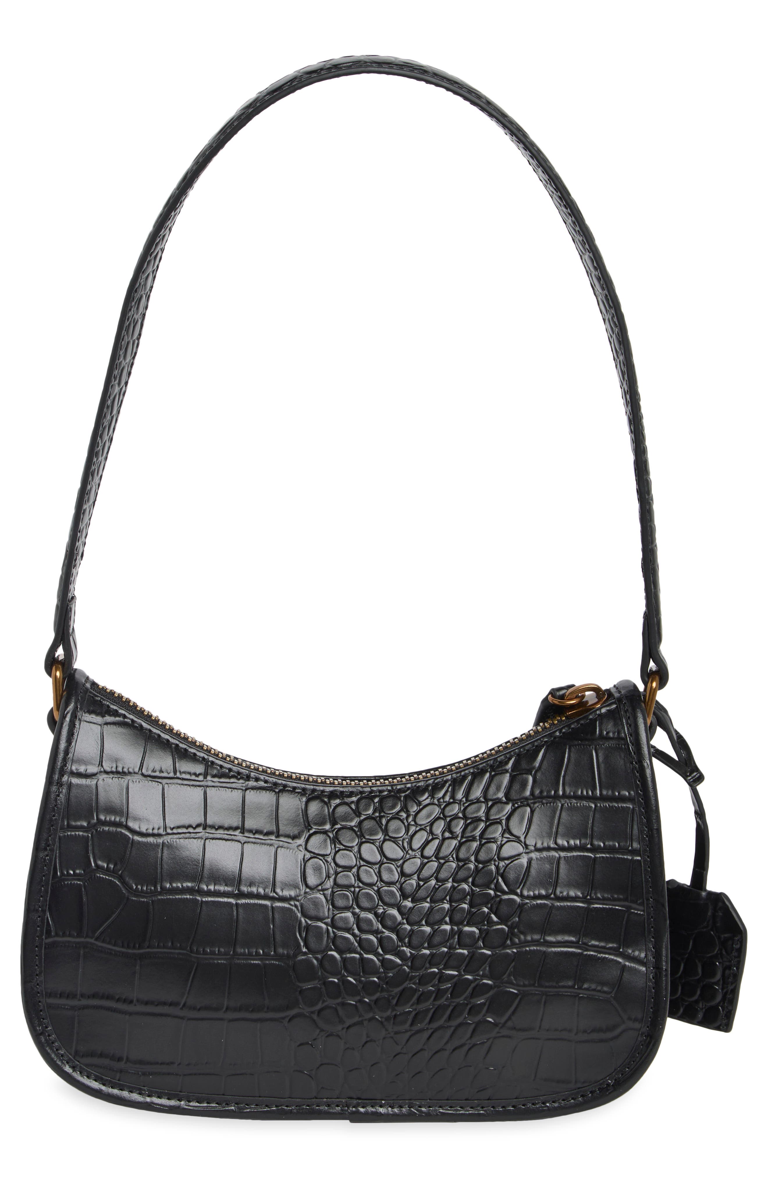 Highgate Small Croc-Embossed Leather Hobo, Alternate, color, BLACK