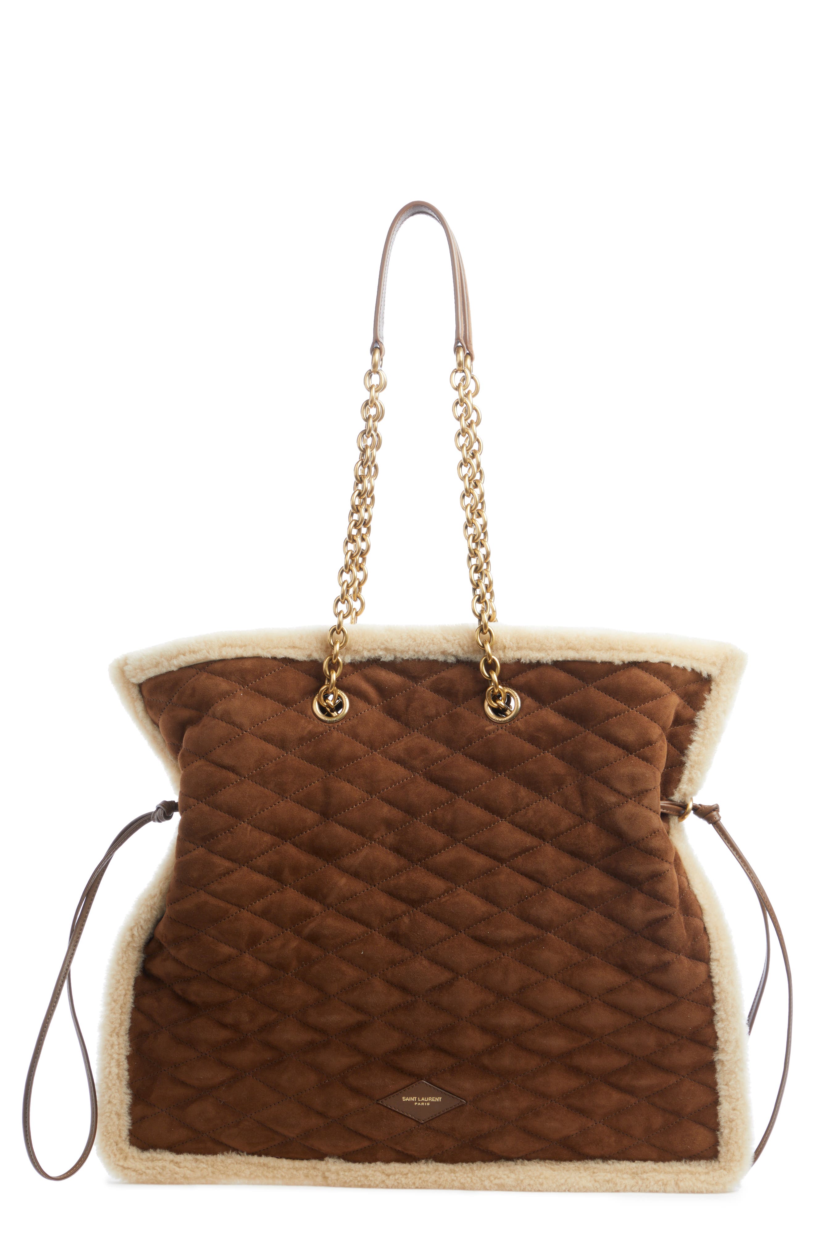 Saint Laurent Le Pochon Genuine Shearling Trim Shoulder Bag, Main, color, Dark Cigar/ Natural Beige