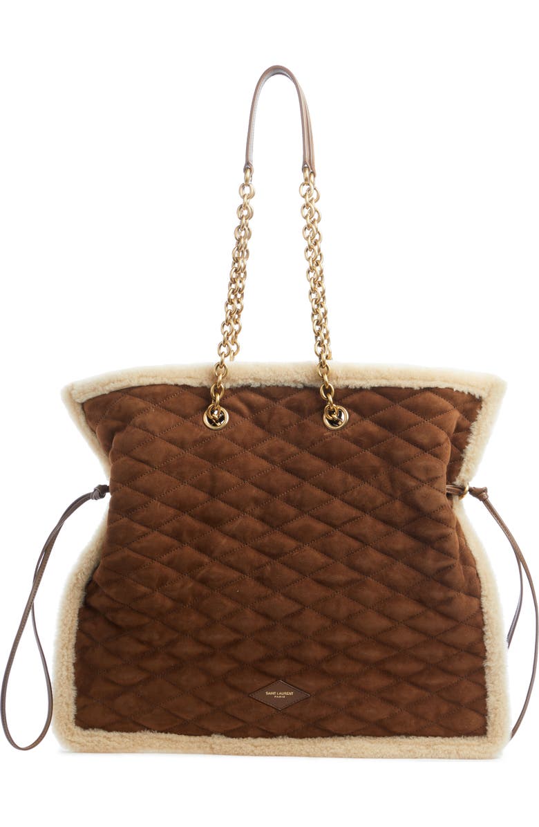 Saint Laurent Le Pochon Genuine Shearling Trim Shoulder Bag, Main, color, Dark Cigar/ Natural Beige