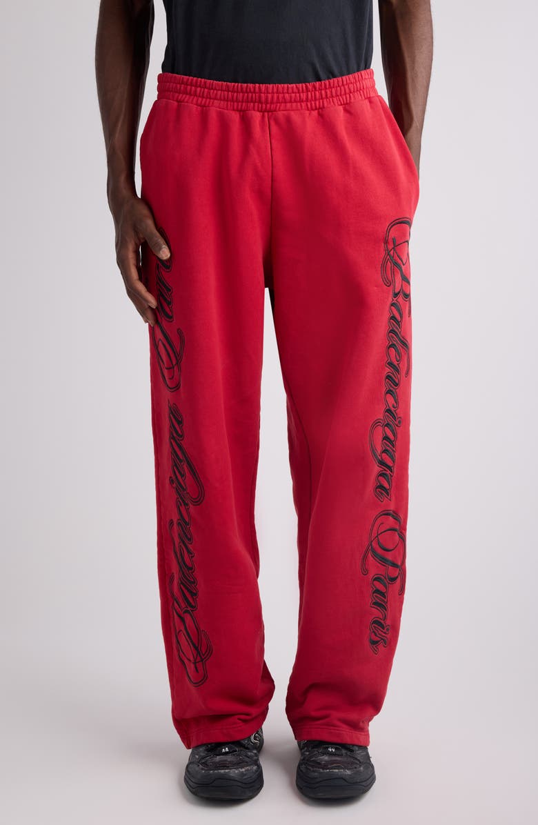 Balenciaga Big B Cursive Logo Embroidered Dry Fleece Sweatpants, Main, color, Red/ Black