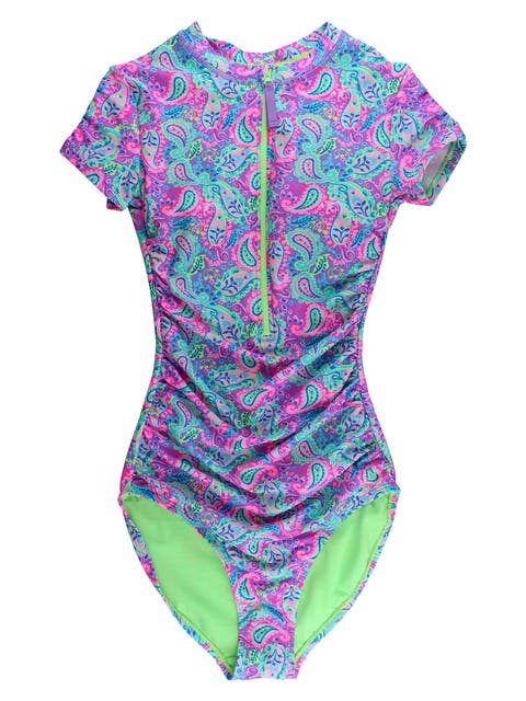 UPF50+ Sun Protected Women's Quarter Zip Short Sleeve One Piece Rash Guard Swimsuit