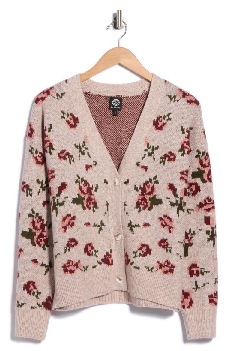Floral Jacquard Cardigan, Alternate, color, OATMEAL / BURGUNDY