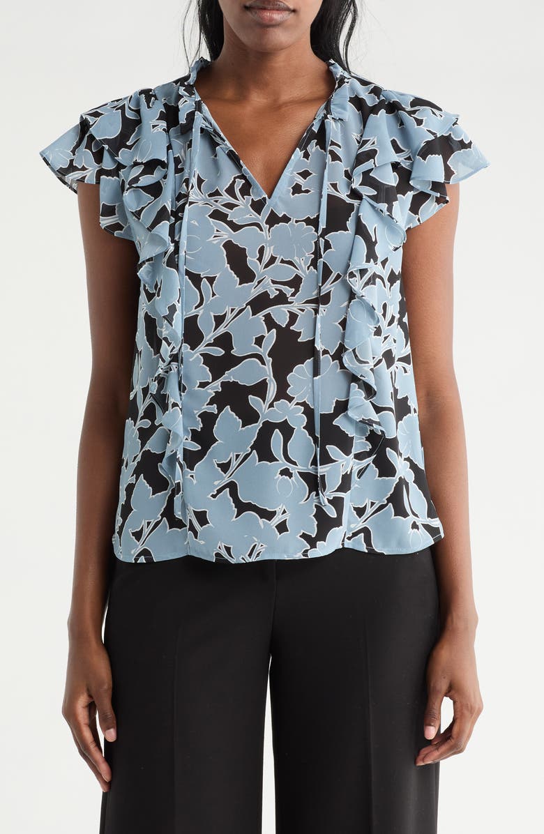 Pleione Ruffle Tie Neck Top, Main, color, Light Slate Black Floral