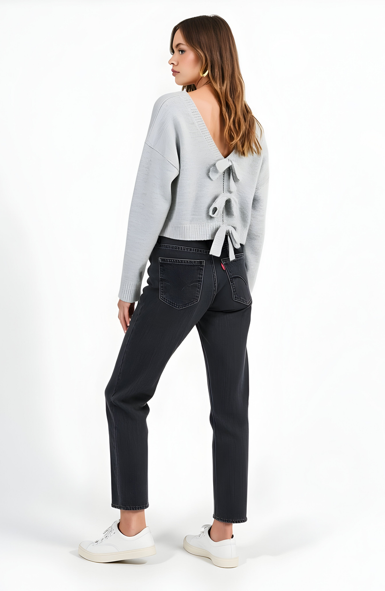 Modenaire Plush Knit Sweater with Deep V-Back and Bow Tie Accents, Alternate, color, 