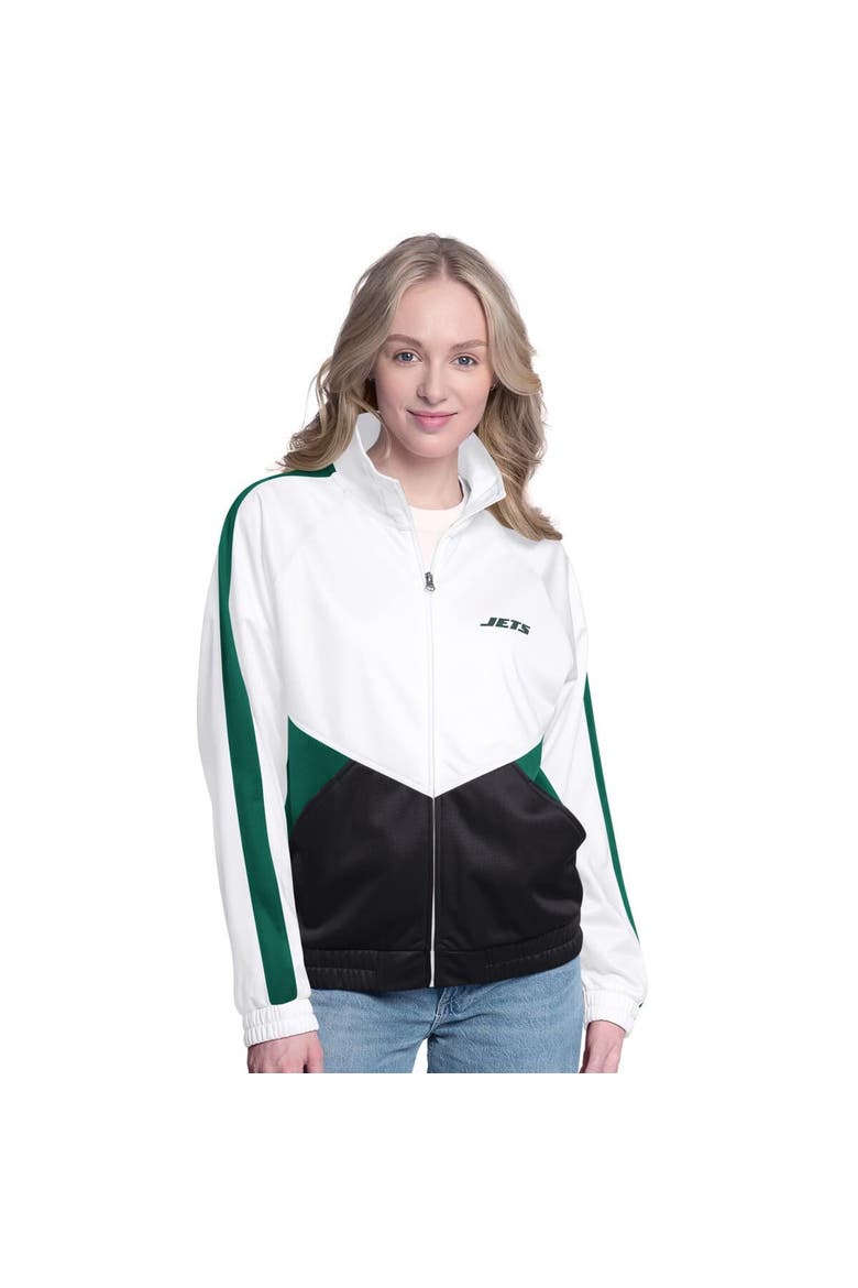 Women's G-III 4Her by Carl Banks White/Green New York Jets Rally Rhinestone Full-Zip Track Jacket, Main, color, White