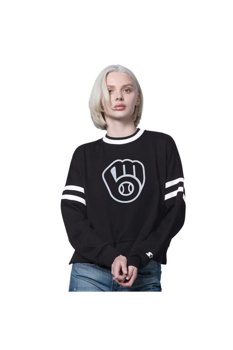 Women's Starter Black Milwaukee Brewers Rally Cropped Drop Shoulder Crewneck Sweatshirt, Alternate, color, Black