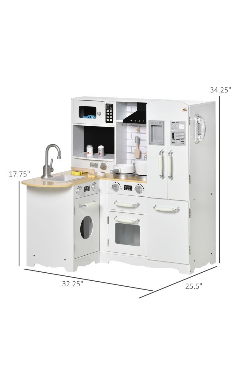 Qaba Kids Corner Kitchen Pretend Play Toy with Sound Effect, Appliances, Sink​, Alternate, color, White, Silver;