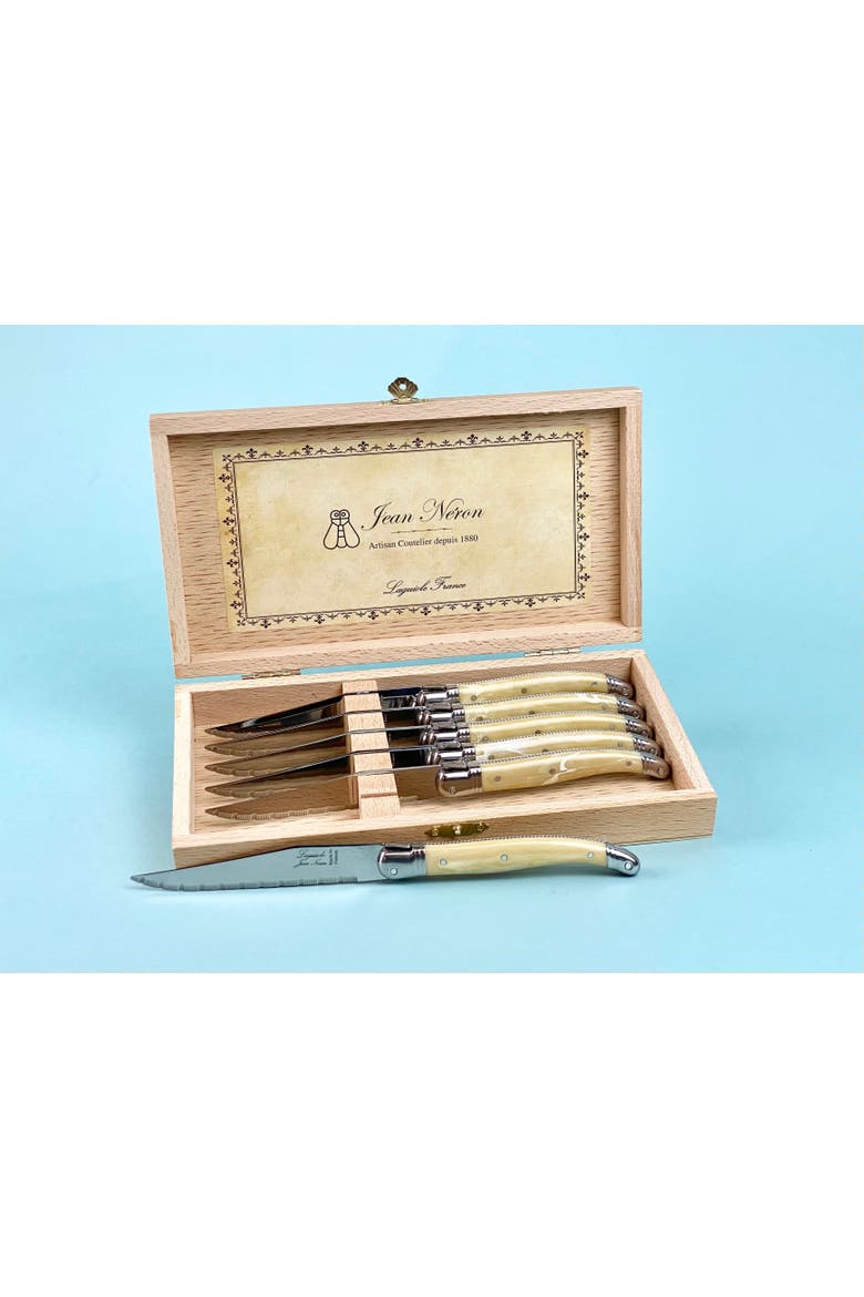 6 Piece Steak Knife Set, Platine Pale Horn in Wood Presentation Box, Alternate, color, Beige