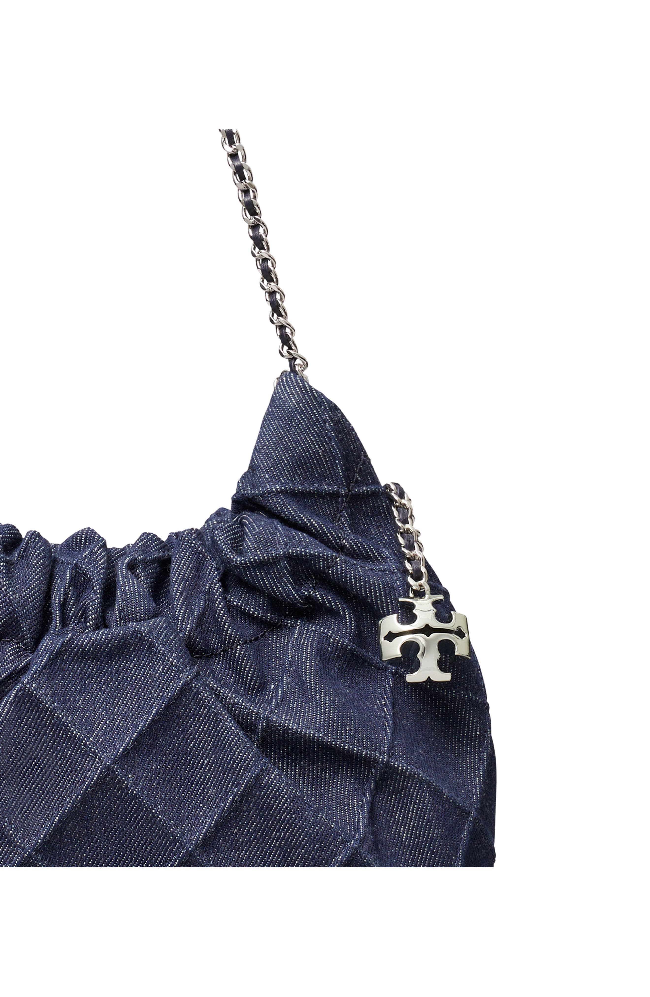 Tory Burch Mini Fleming Quilted Denim Hobo Bag, Alternate, color, Blue