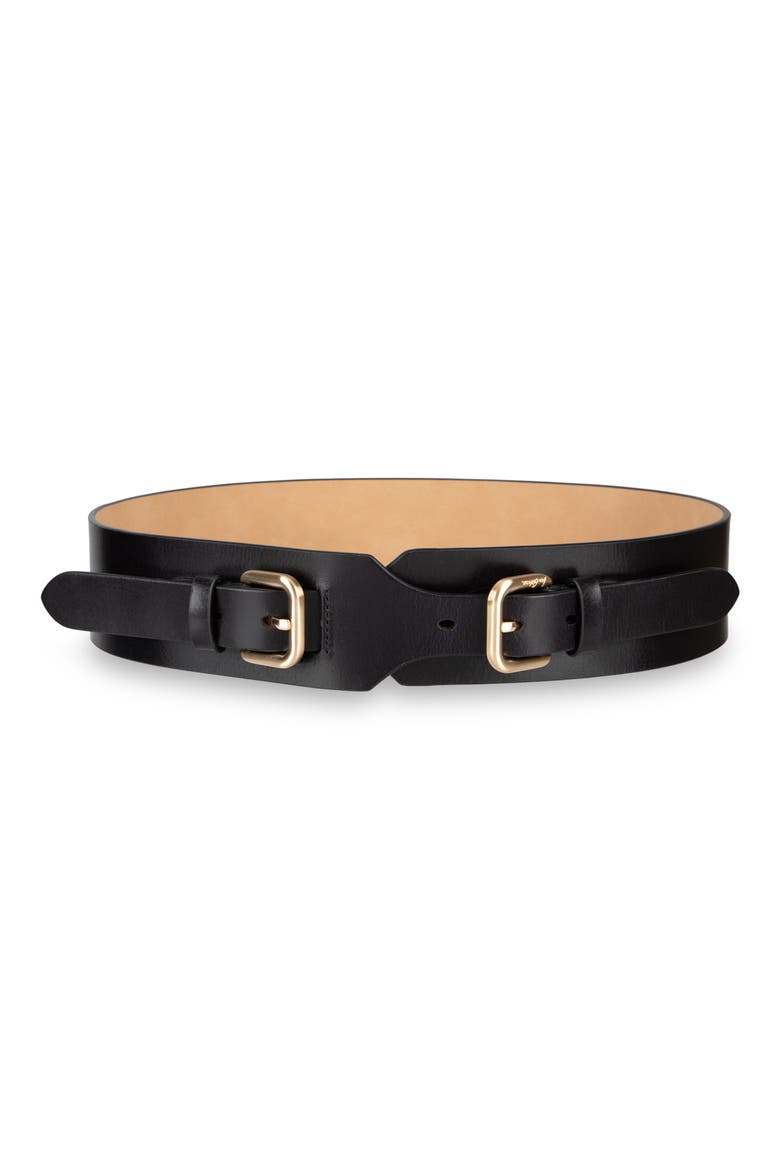 Double Buckle Leather Wide Belt, Main, color, BLACK