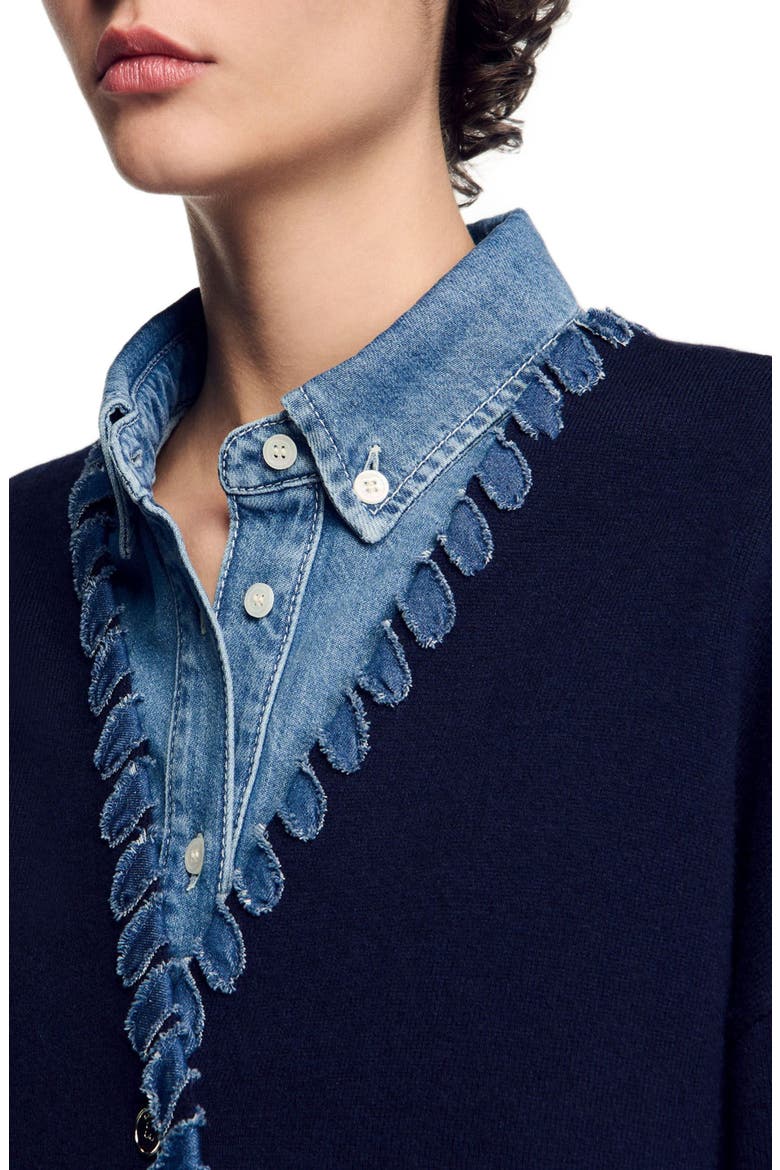 Cardigan with denim details, Alternate, color, Navy blue