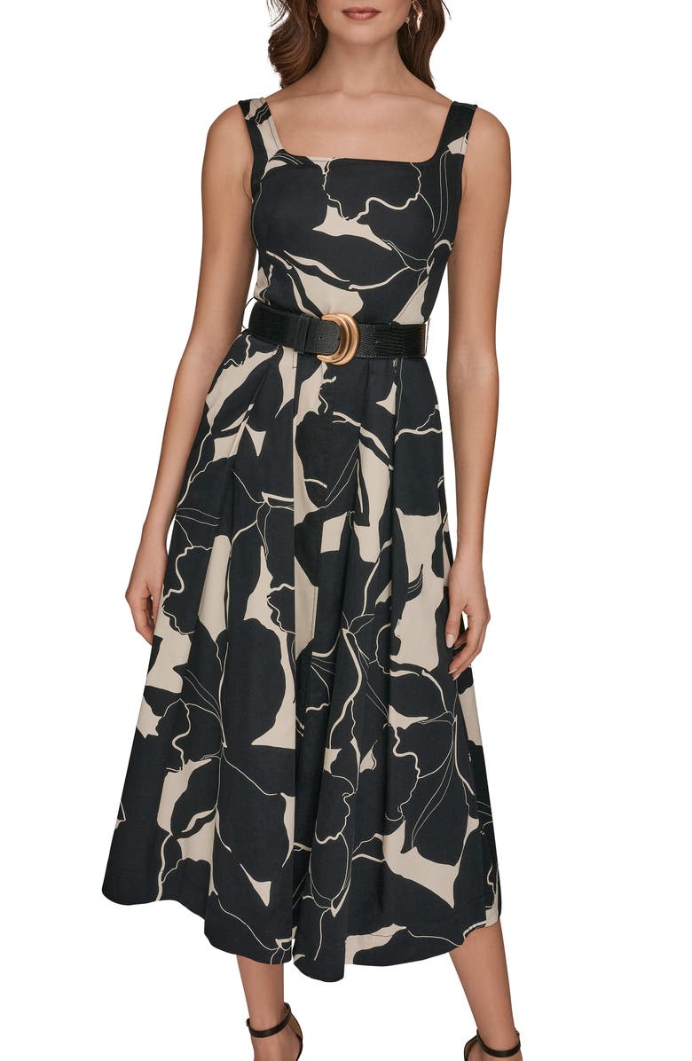 Donna Karan New York Belted Fit & Flare Midi Dress, Alternate, color, Black/ Parchment