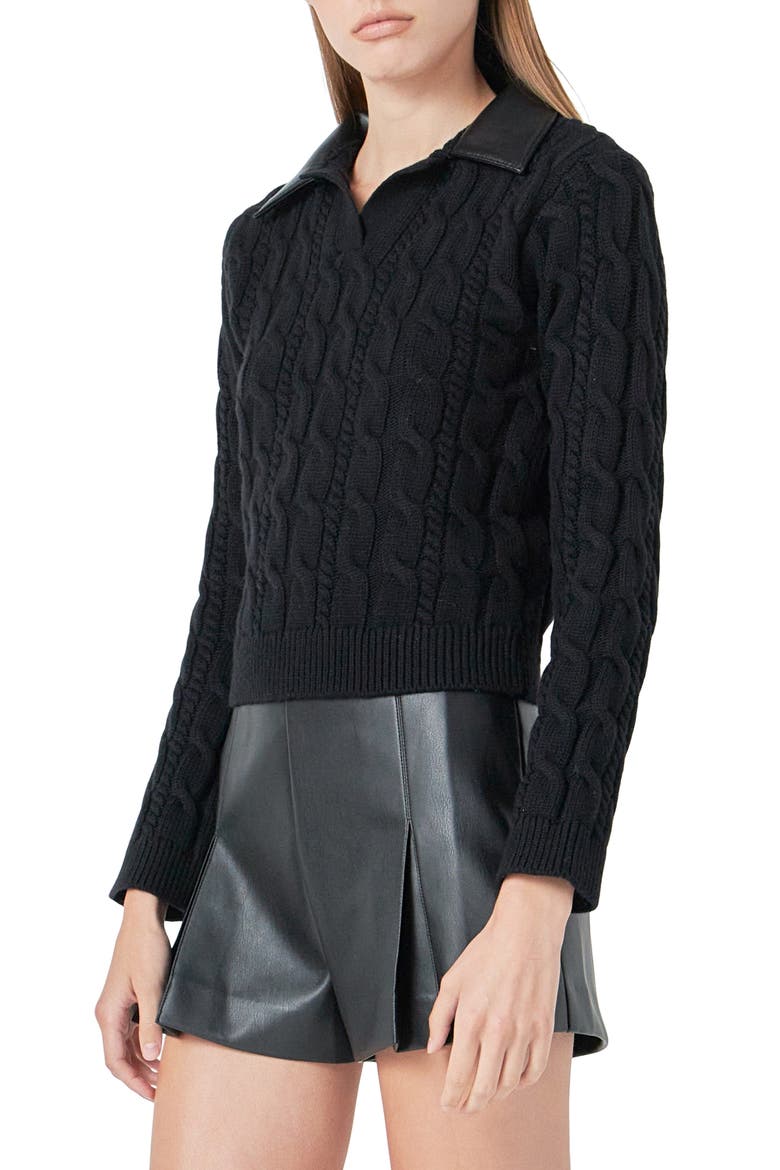 Faux Leather Collar Cable Sweater, Alternate, color, BLACK
