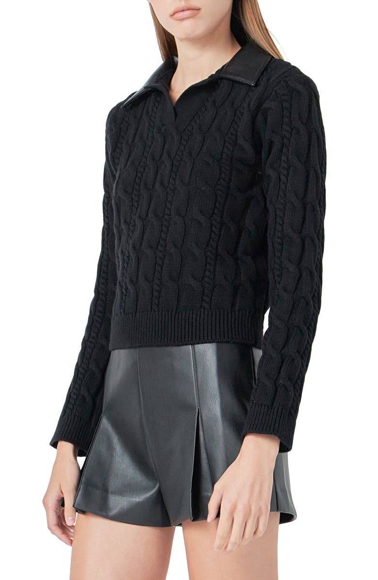 Endless Rose Faux Leather Collar Cable Sweater, Alternate, color, Black