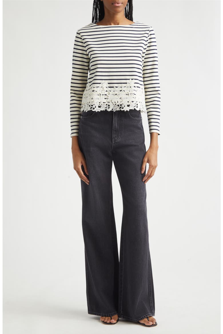 Hovey Stripe Lace Detail Cotton Top, Alternate, color, DOVE NAVY STRIPE