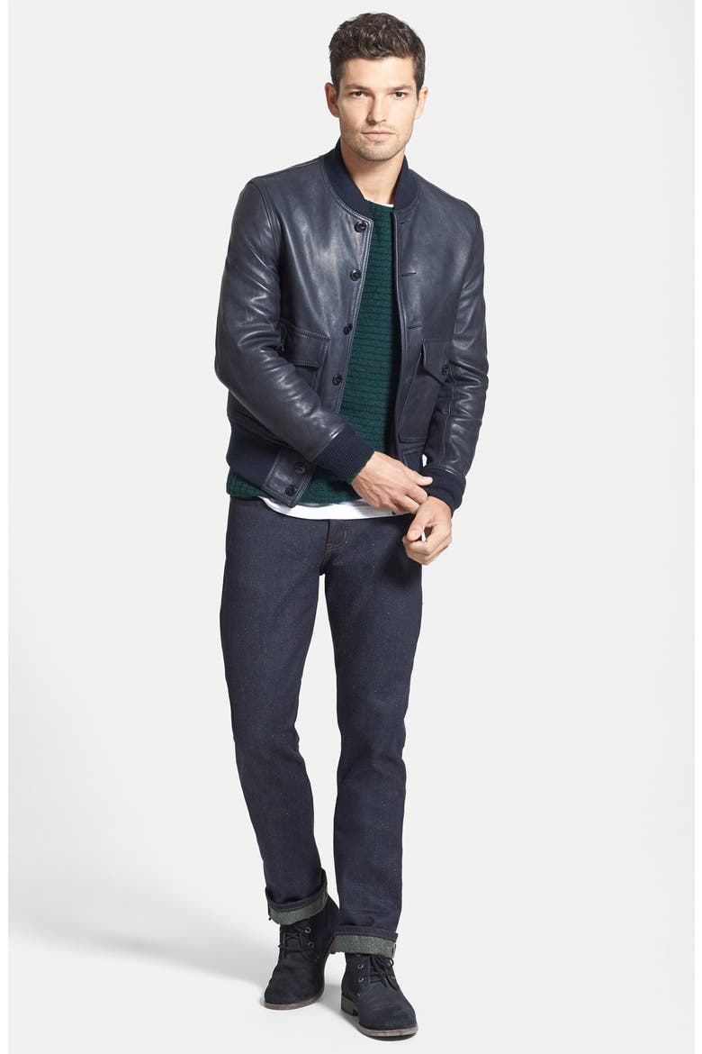 Perfecto Brand Trim Fit Leather A-1 Flight Jacket, Alternate, color, NAVY