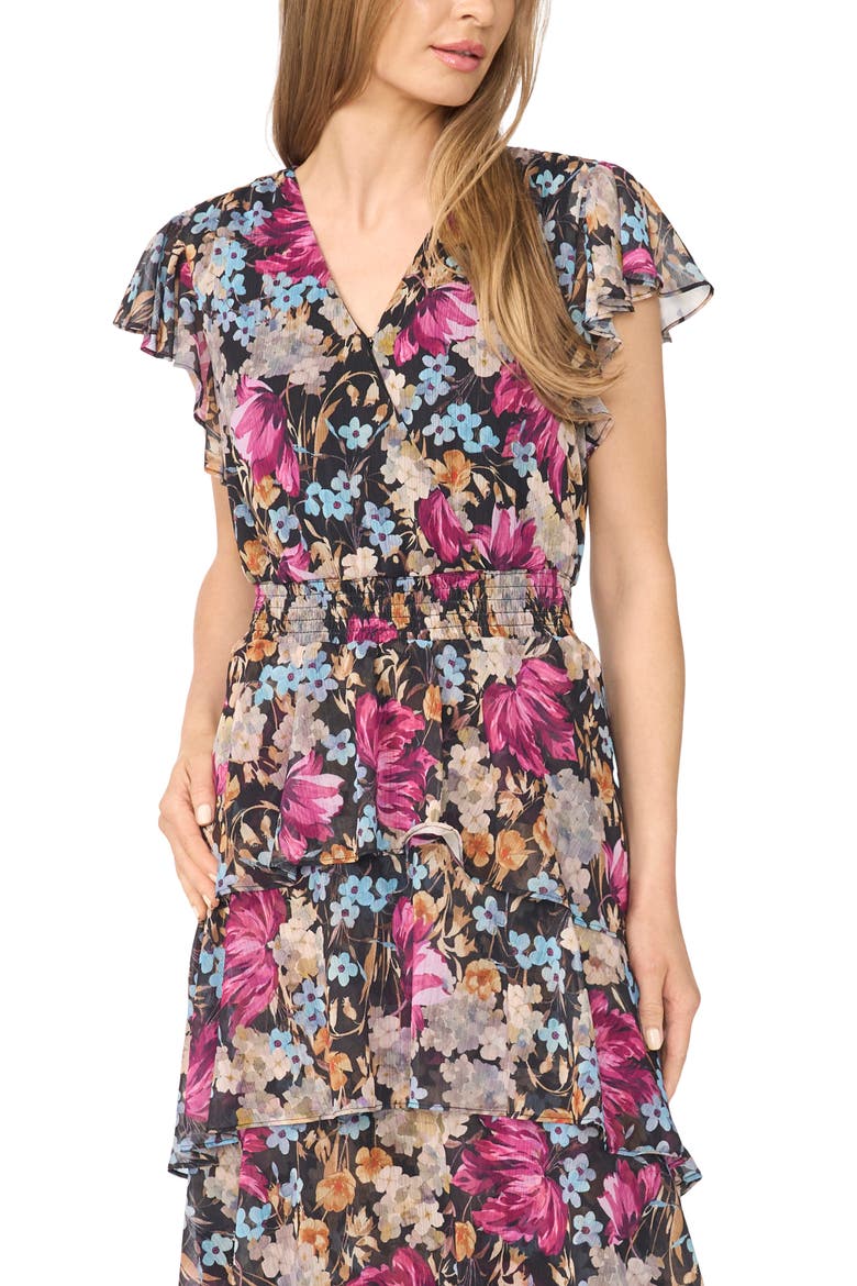 Floral Ruffle Chiffon Midi Dress, Alternate, color, RICH BLACK