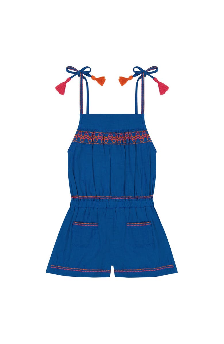 Mer St. Barth Inez Girl's Shoulder Tie Romper Classic Blue Embroidery, Main, color, 