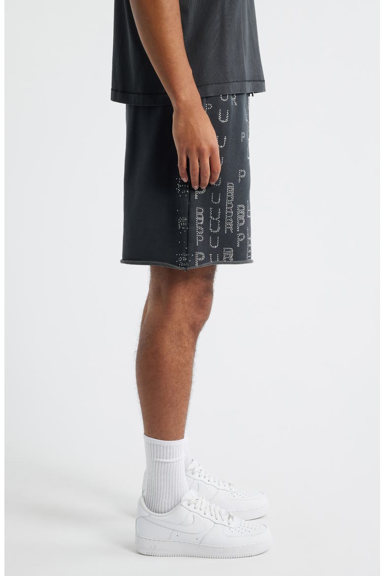 Embellished Logo Raw Hem Fleece Drawstring Shorts, Alternate, color, BLACK