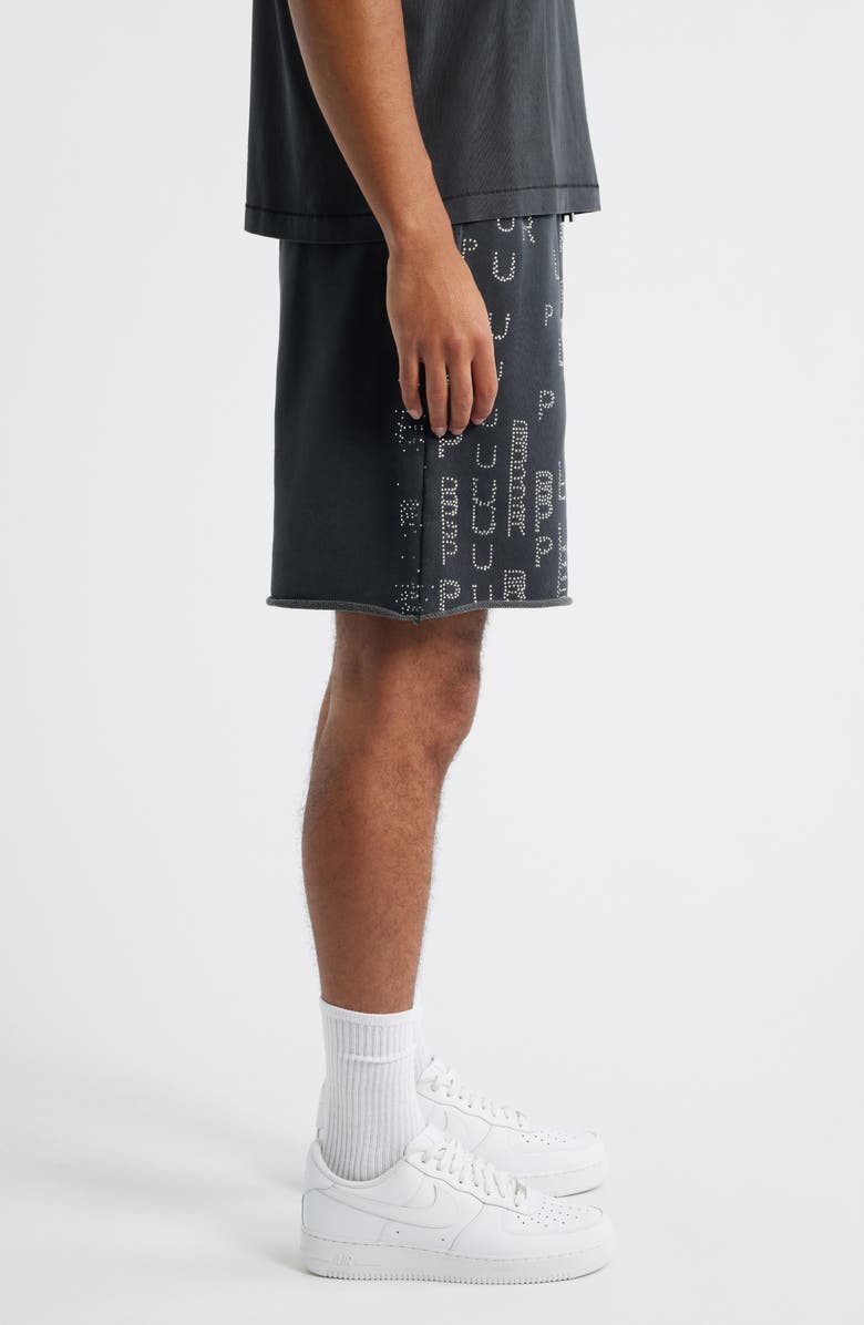 PURPLE BRAND Embellished Logo Raw Hem Fleece Drawstring Shorts, Alternate, color, Black