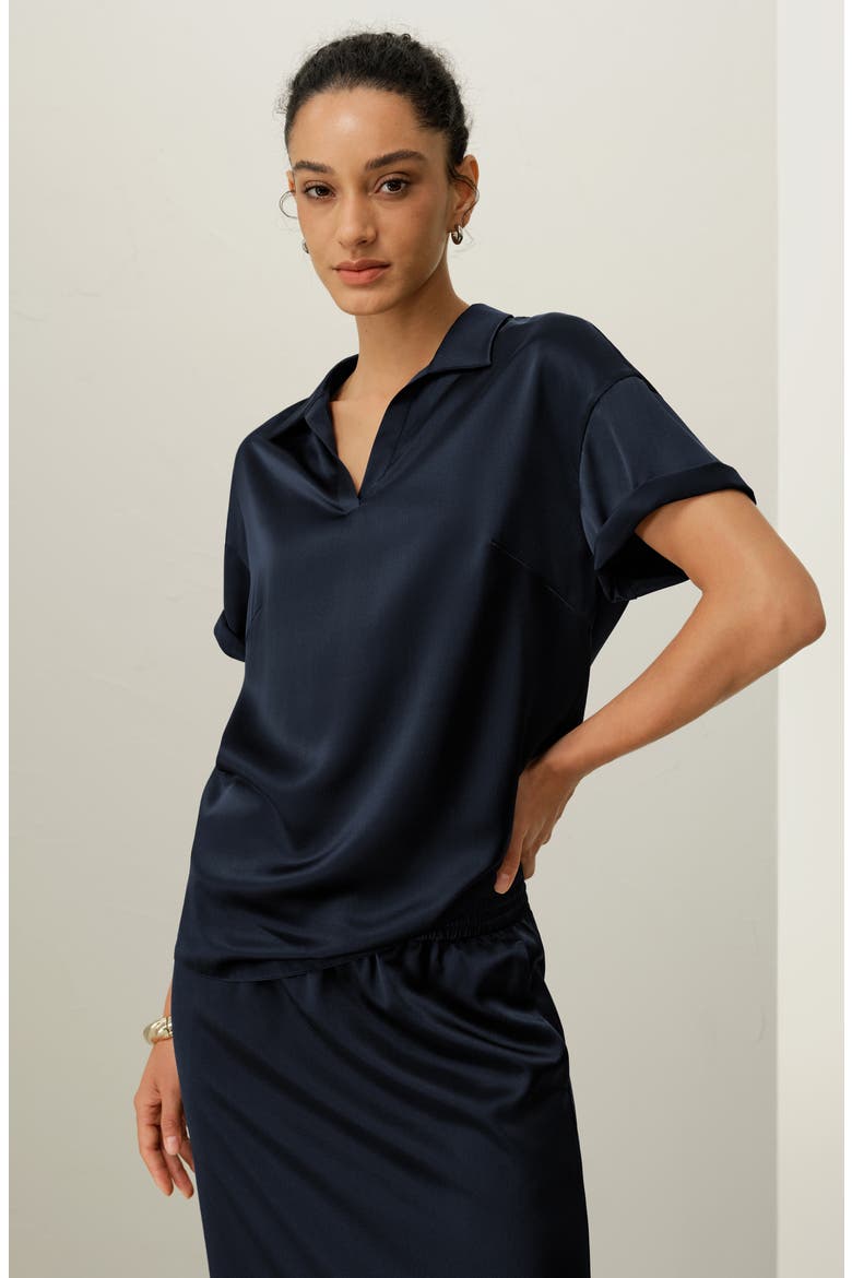 Women's Washable Silk Charmeuse Polo Top, Alternate, color, Midnight Blue