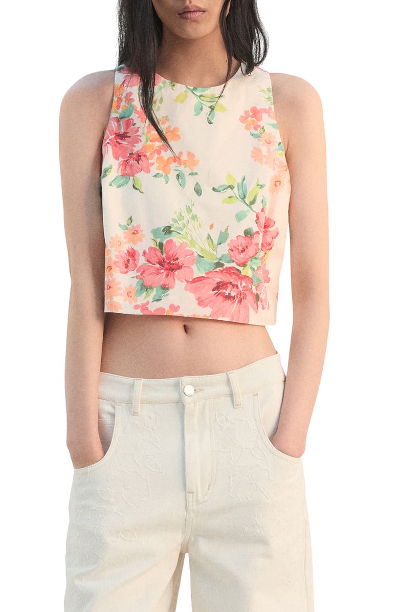MANGO Floral Cotton Crop Tank, Main, color, Off White
