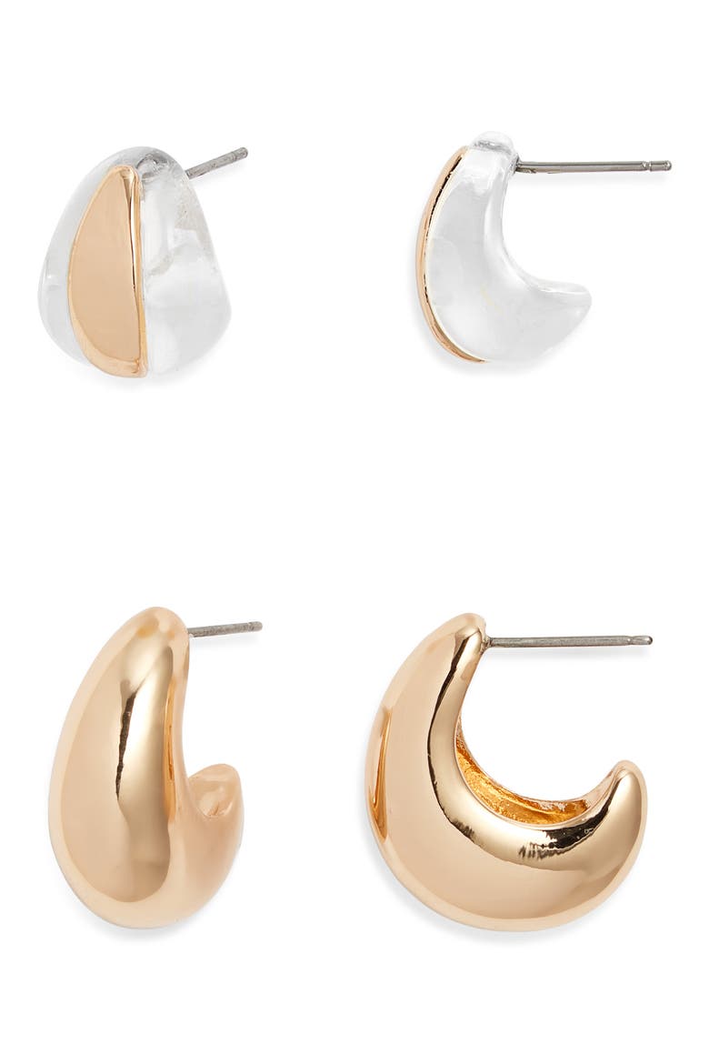 Set of 2 Huggie Earrings, Main, color, CLEAR- GOLD