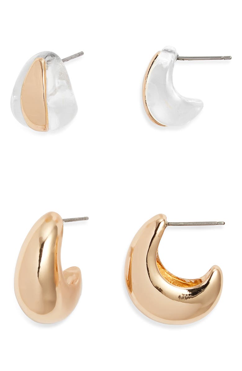 Open Edit Set of 2 Huggie Earrings, Main, color, Clear- Gold