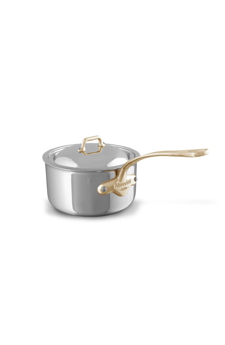 Mauviel M'Cook B 5-Ply Polished Stainless Steel Sauce Pan With Lid, And Brass Handle, Main, color, Silver